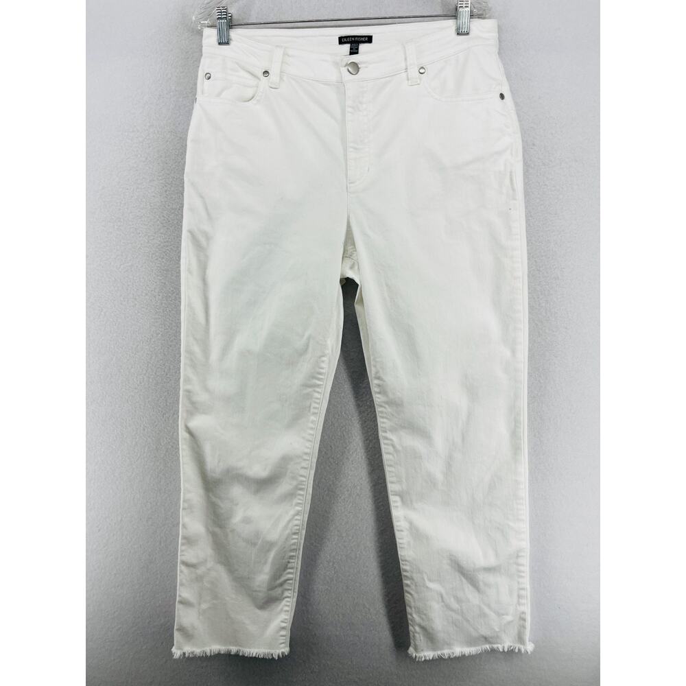 EILEEN FISHER Jeans M Organic Cotton Stretch Denim Straight Fringed Hem White